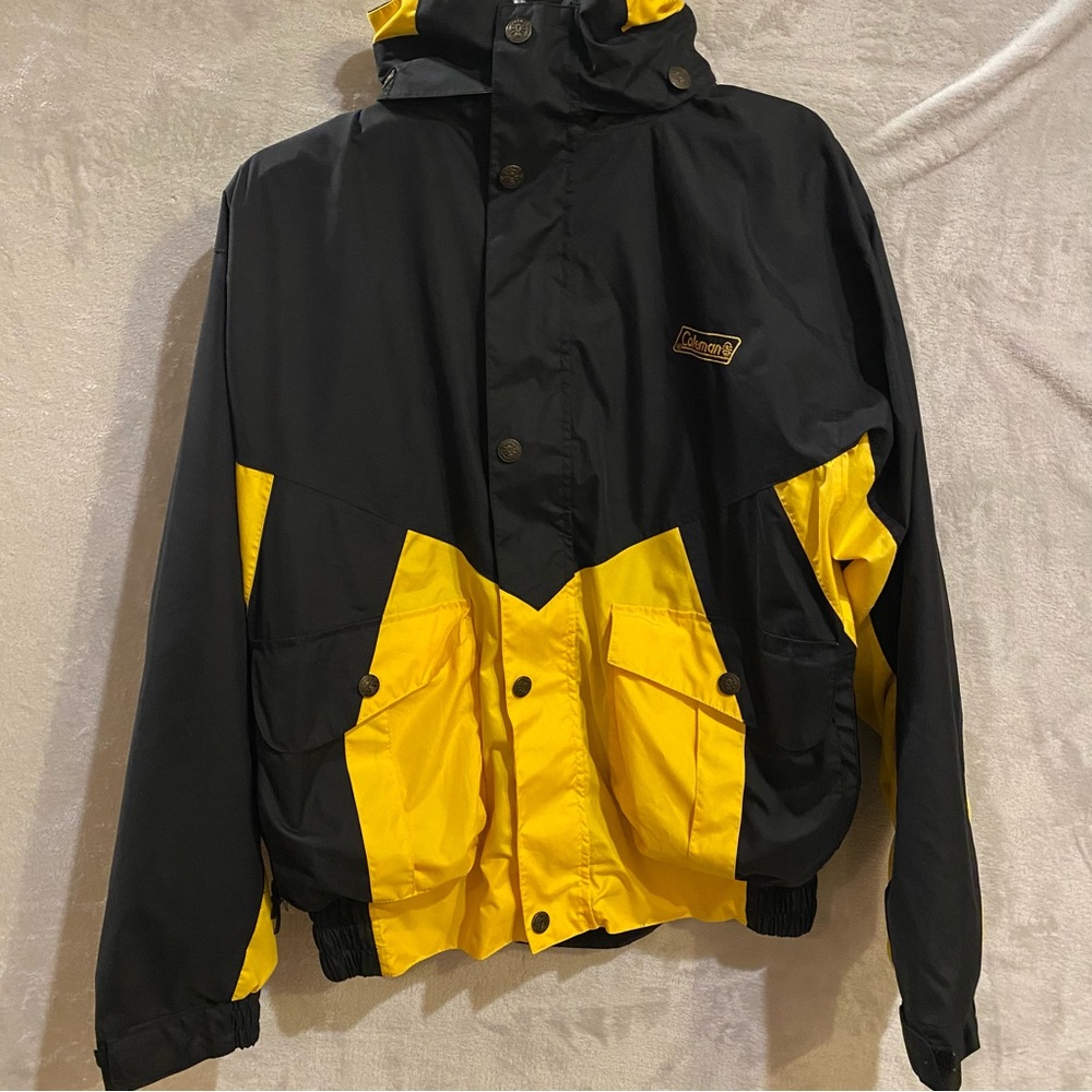 Vintage Coleman Coat Men’s Medium Black Yellow Full Zip Snaps Lined Hooded